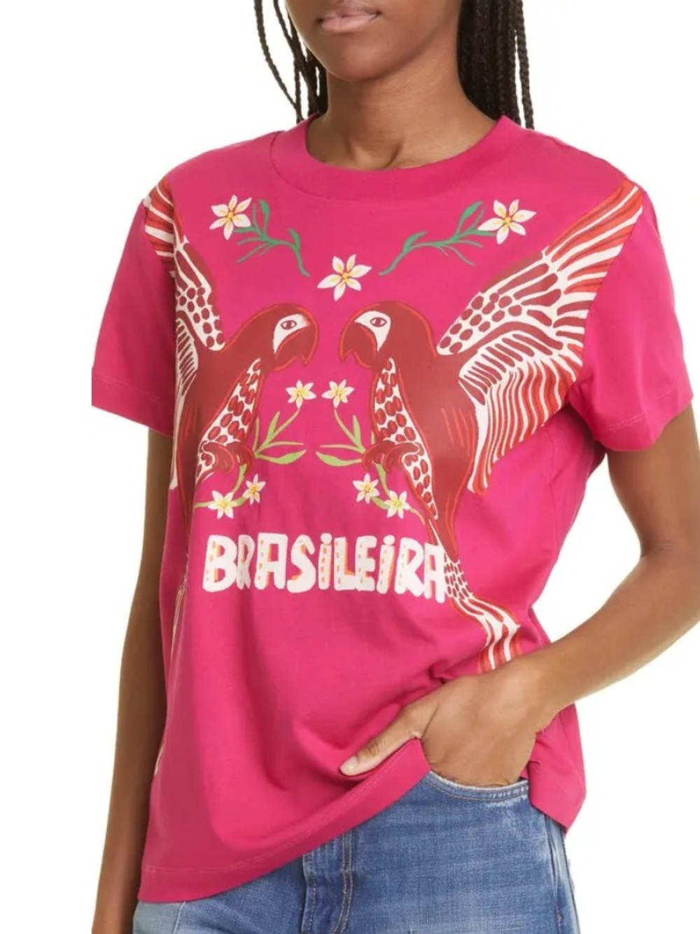FARM Rio Hot Pink Graphic 'Brasileirã' Cotton Tee with Bird Motif size Small
